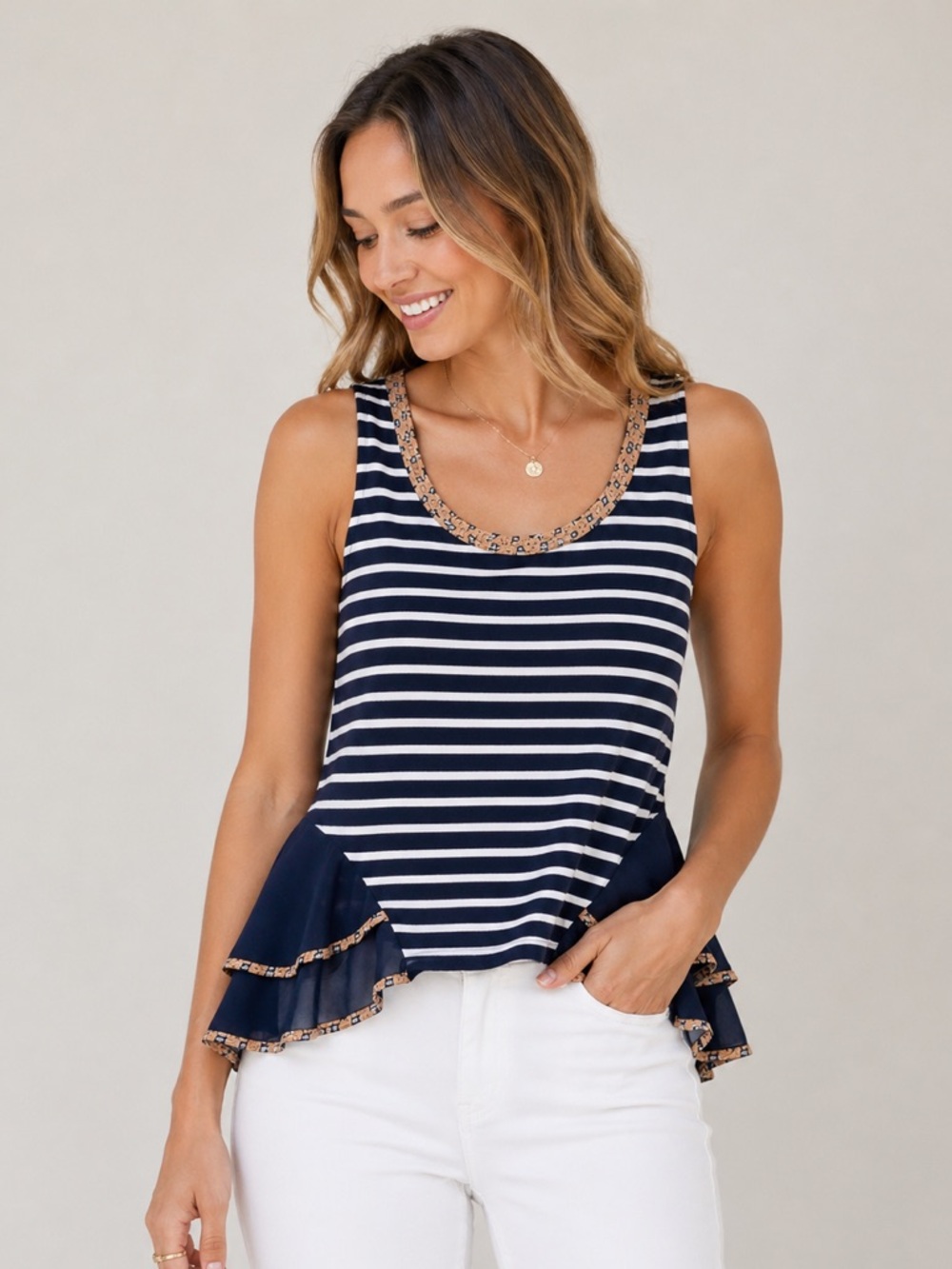 Anthropologie Postmark Navy Stripe Peplum Tank Top Small Coastal Boho